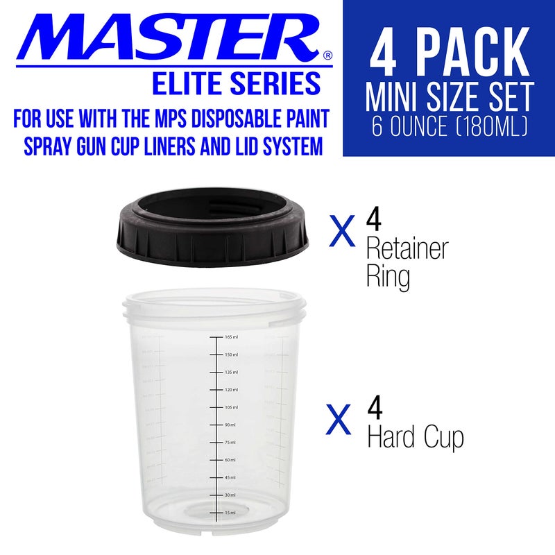 Master Airbrush Master Paint System MPS, 4 Pack Set of Mini Size 6 Ounce (180ml) Hard Cups and Retainer Rings - 4 Hard Cups and 4 Rings for Use with The MPS Disposable Paint Spray Gun Cup Liners and Lid System - Image 2